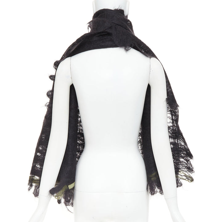 ROHKA black green distressed abstract weave cut out lattice knit wrap scarf