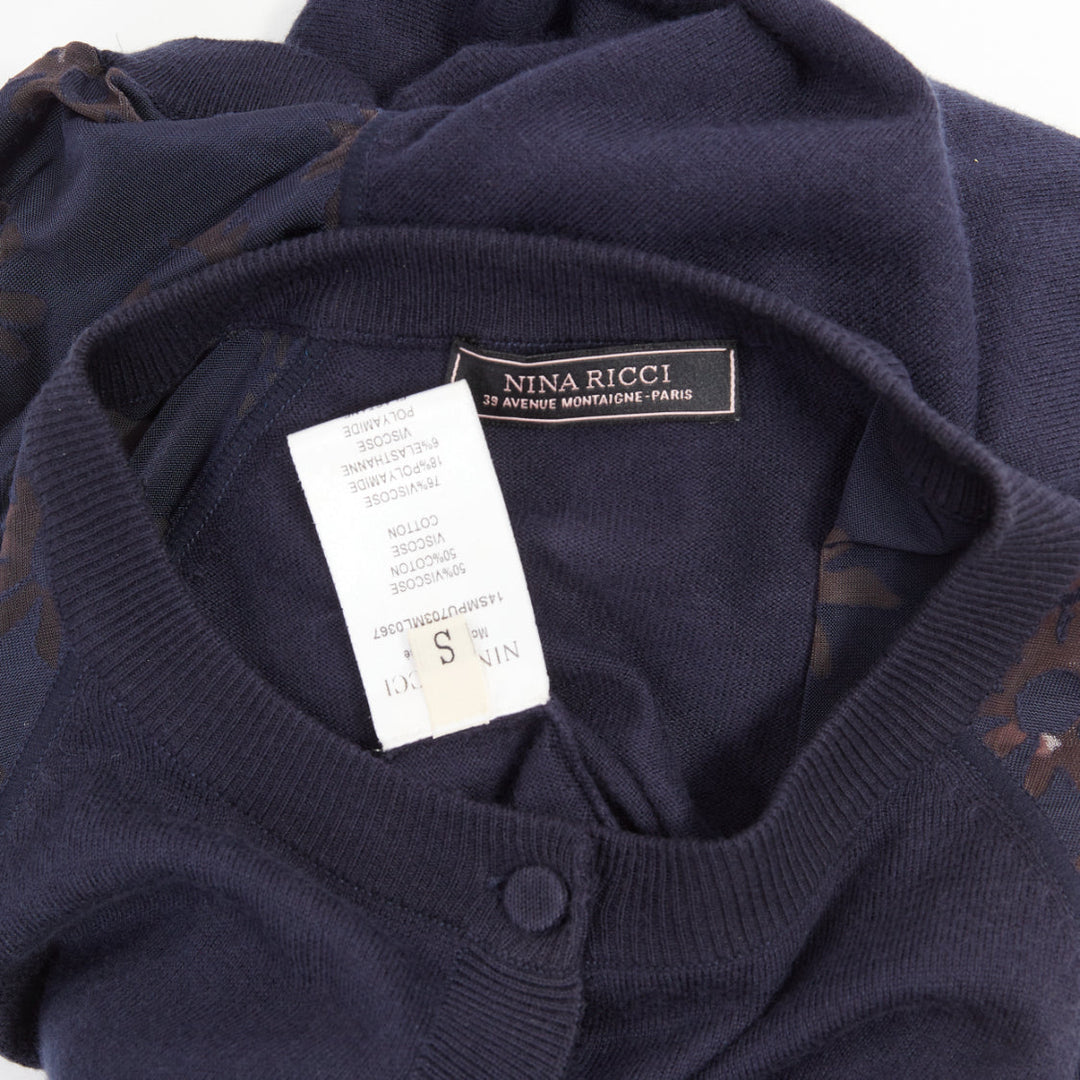 NINA RICCI navy viscose cotton sheer floral sleeve henley pullover sweater S