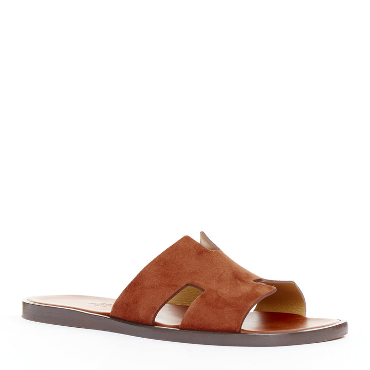 HERMES Izmir brown suede goatskin leather H cut out flat sandals EU41
