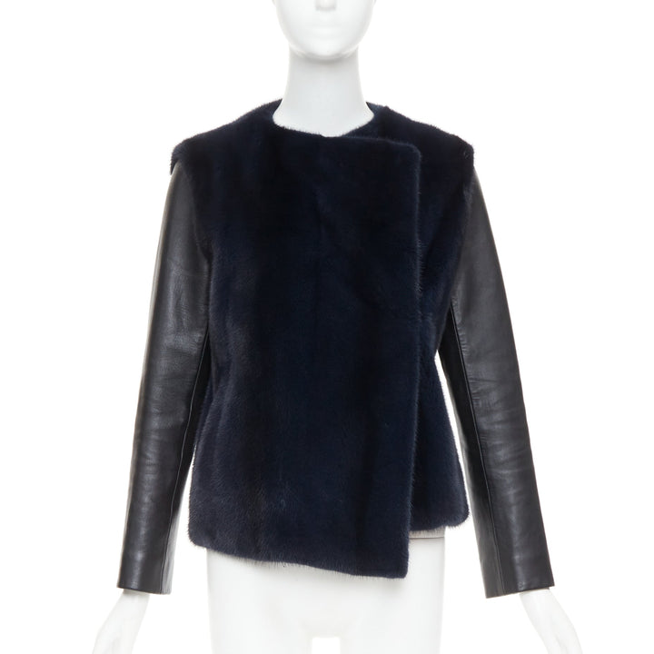 CHRISTIAN DIOR navy natural fur black soft leather sleeve silk lined jacket