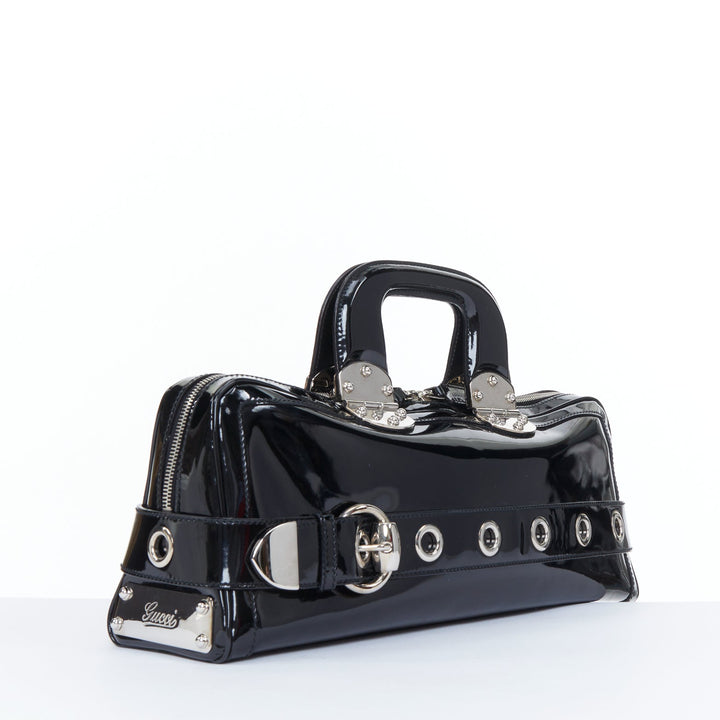 GUCCI 2004 Vintage Tom Ford black patent leather silver buckle grommet bag