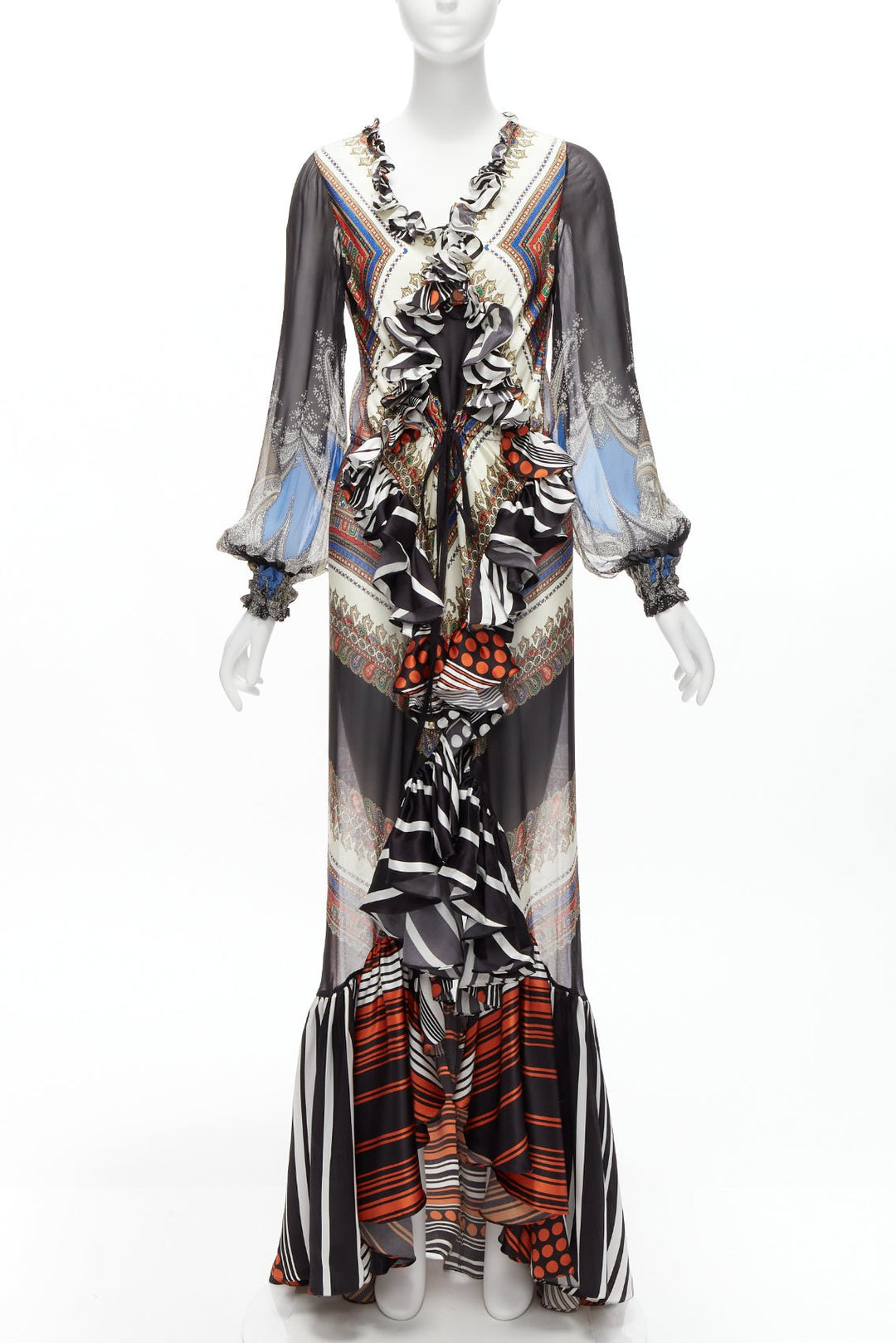 GIVENCHY RICCARDO TISCI 2013 Runway mixed bandana sheer ruffle gown dress FR38 M