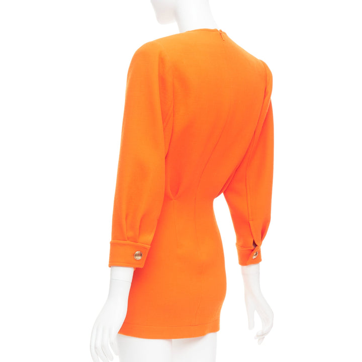 SAINT LAURENT 2022 Runway orange wool grain de poudre power mini dress FR34 XS