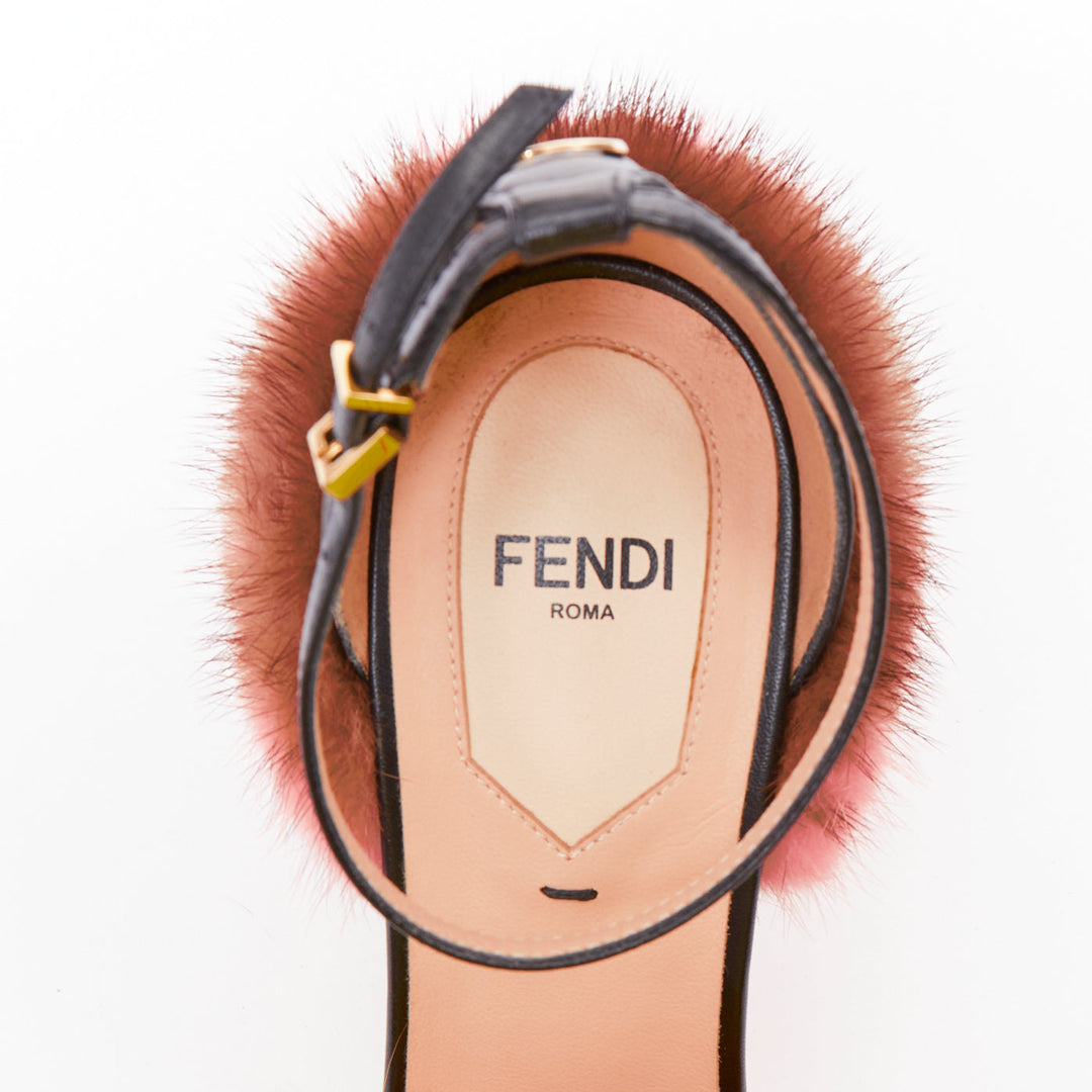 FENDI yellow pink mink fur black lambskin fluffy high heel sandals EU37