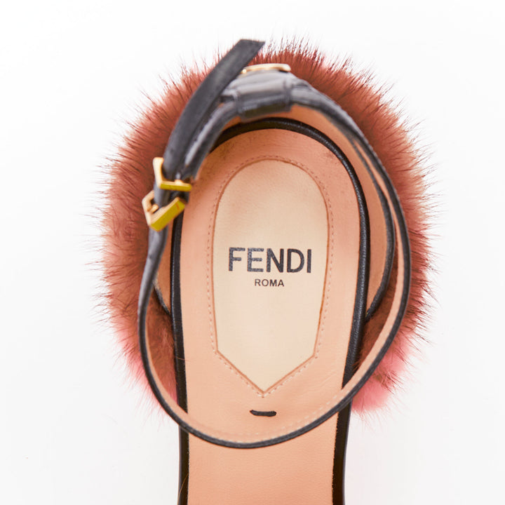 FENDI yellow pink mink fur black lambskin fluffy high heel sandals EU37