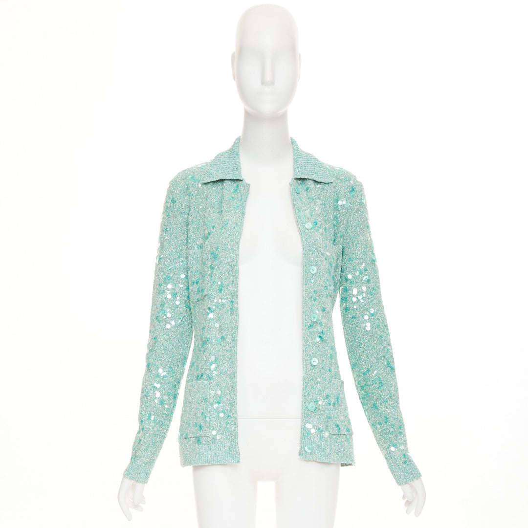 GUCCI 2024 Tweed Blend Polo acid turquoise sequin knit cardigan S