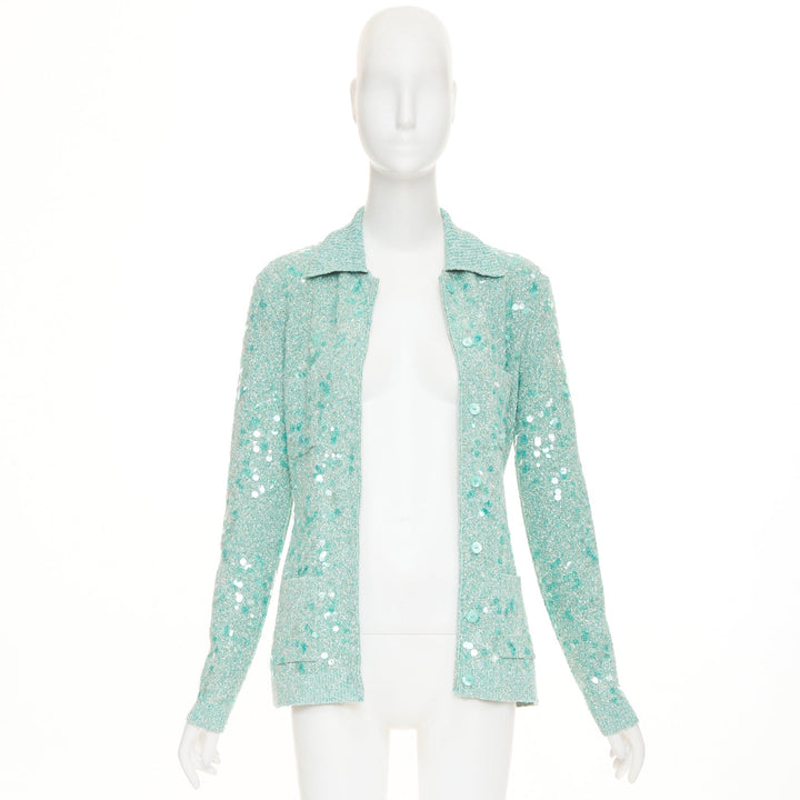 GUCCI 2024 Tweed Blend Polo acid turquoise sequin knit cardigan S