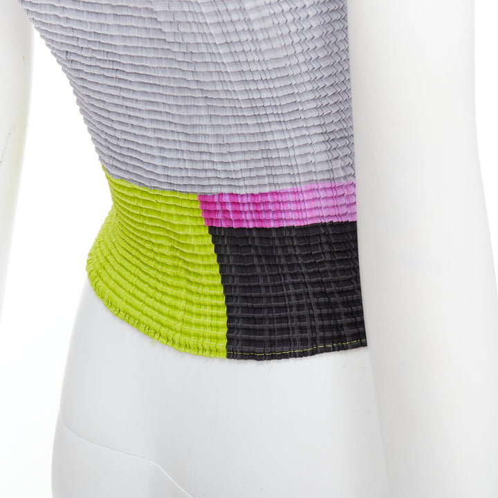 ISSEY MIYAKE neon green pink grey colorblock pleated tank top M