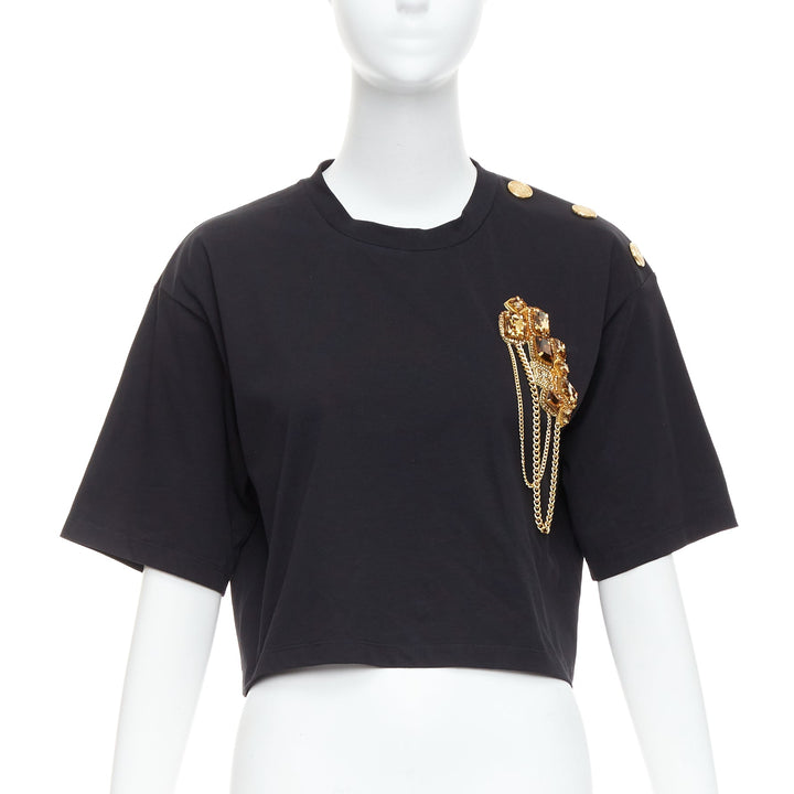 BALMAIN gold buttons chain embellished brooch black cotton crop tshirt XS