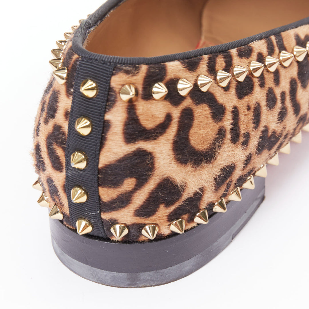 CHRISTIAN LOUBOUTIN brown leopard print ponyhair gold spike stud loafers EU43