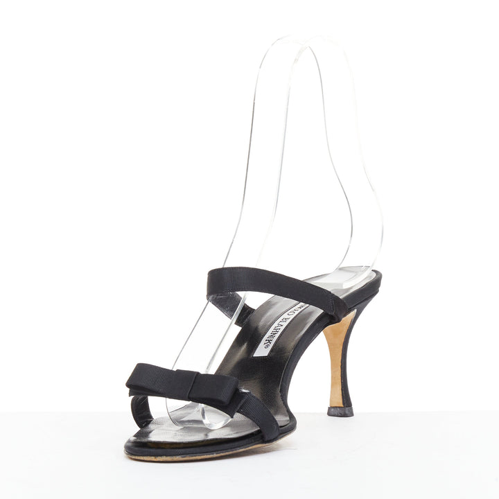 MANOLO BLAHNIK black grosgrain ribbon straps leather spool slipper heels EU37