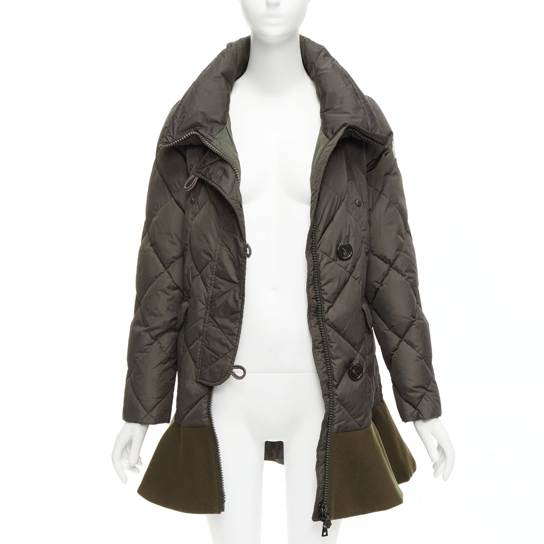 MONCLER Norme Afnor khaki quilted virgin wool blend frill hem coat Sz1 M