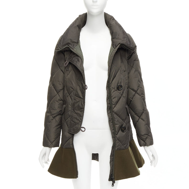 MONCLER Norme Afnor khaki quilted virgin wool blend frill hem coat Sz1 M
