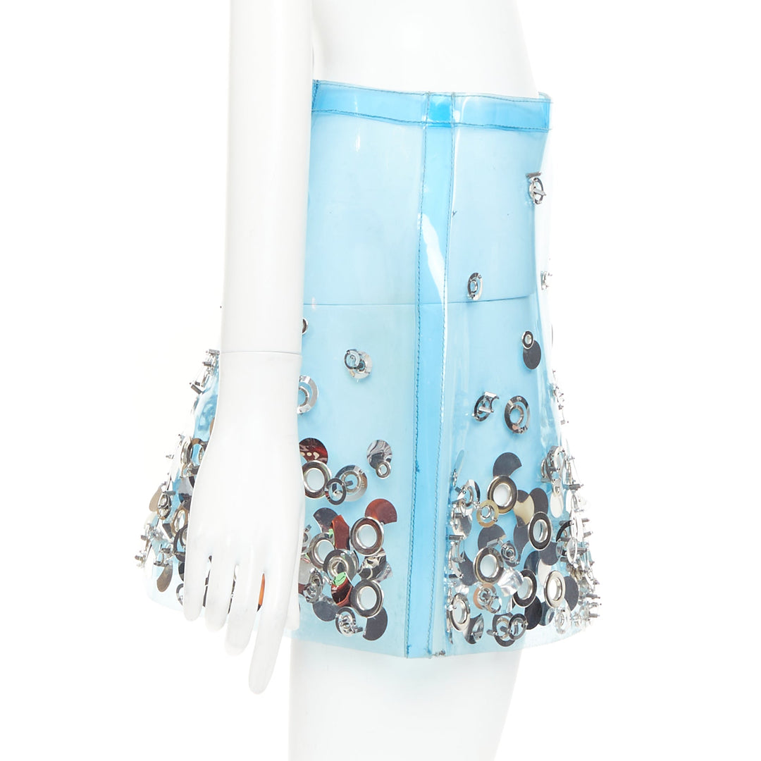 rare MIU MIU sky blue clear PVC silver sequins grommet embellished mini skirt XS