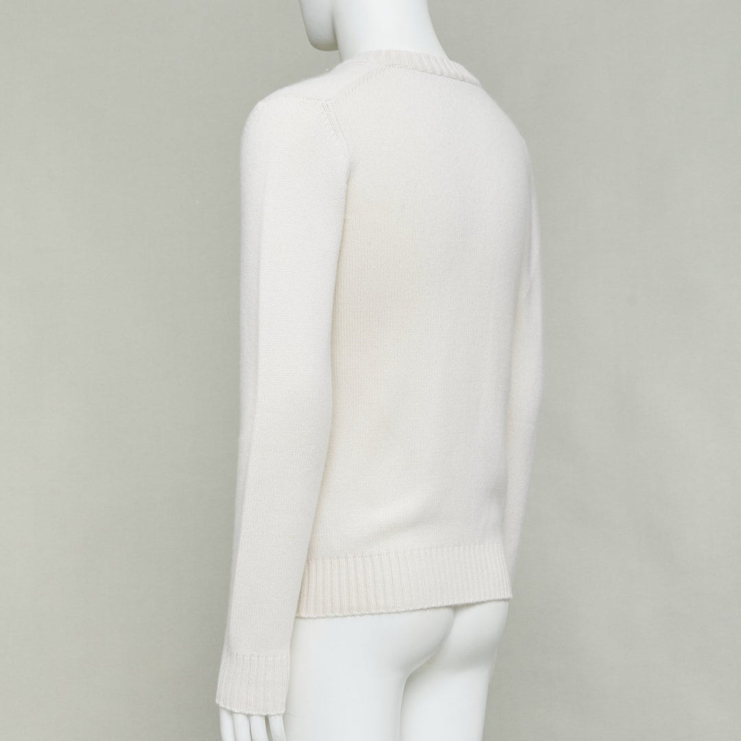 DOLCE GABBANA cream cashmere gold varsity badge v-neck sweater IT46 S