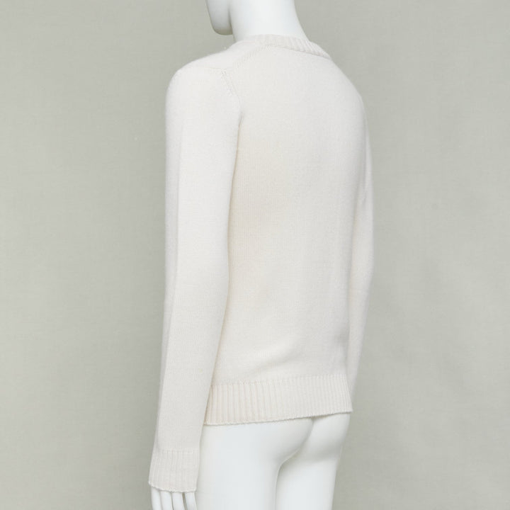 DOLCE GABBANA cream cashmere gold varsity badge v-neck sweater IT46 S