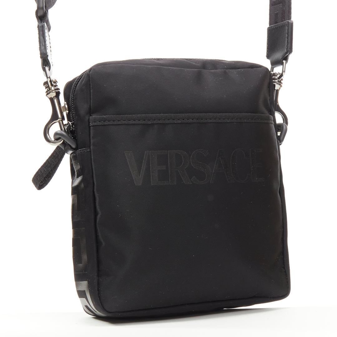 VERSACE La Greca Vintage 90s Logo print black nylon crossbody bag