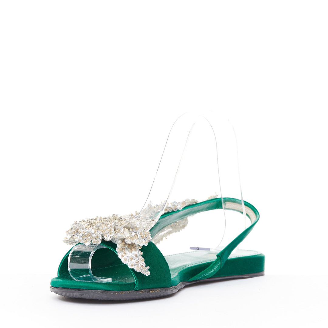 BALENCIAGA 2017 Tess emerald green satin silver sequin open toe flat sandal EU37