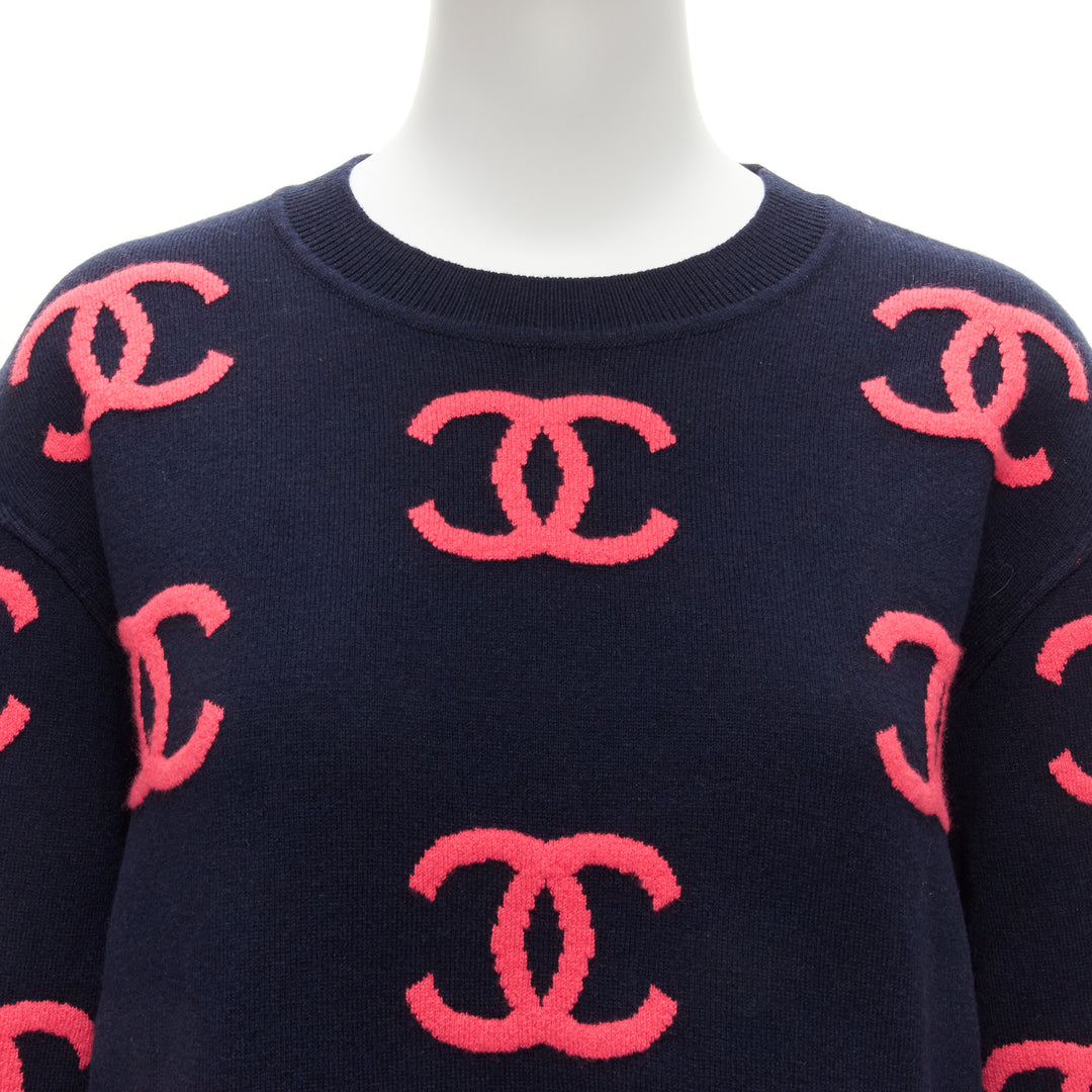 CHANEL 21P pink navy CC logo intarsia cashmere blend cropped sweater FR38 M