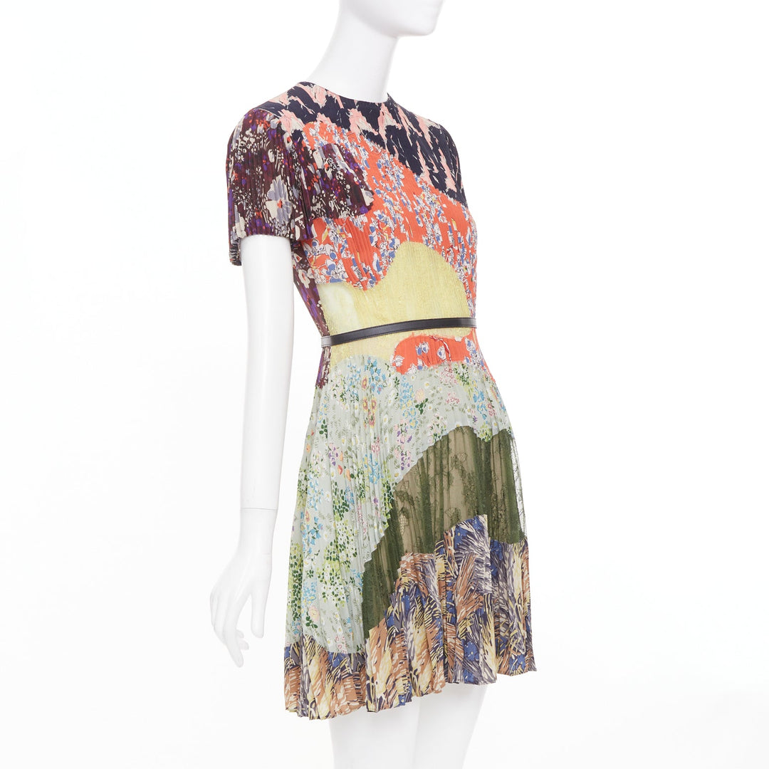 VALENTINO multicolor graphic print leather trim pleated lace insert dress IT40 S
