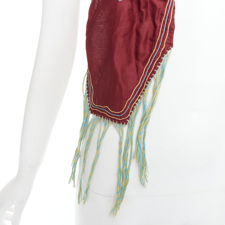 DRIES VAN NOTEN burgundy green silk cotton fringe wrap scarf