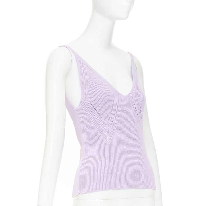 JIL SANDER lilac purple chevron pointelle ribbed knit v neck tank top FR32 XXS