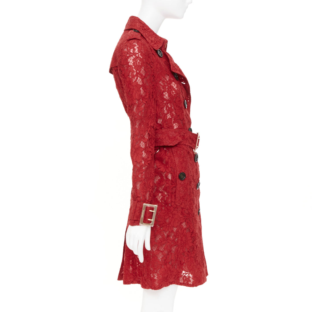 BURBERRY 2016 Kensington red floral lace belted double breasted trench coat