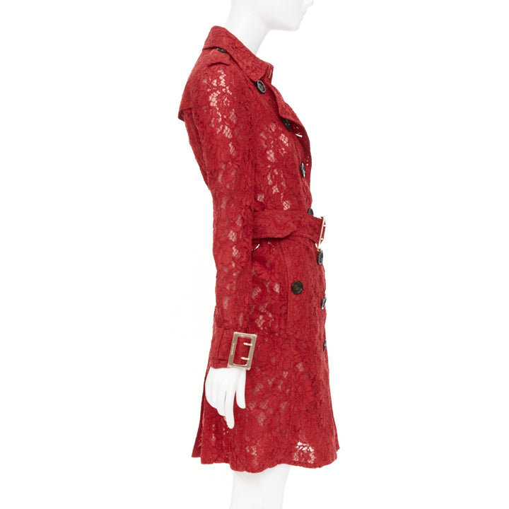 BURBERRY 2016 Kensington red floral lace belted double breasted trench coat