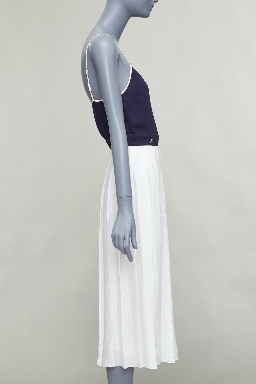 VVB VICTORIA BECKHAM navy white pleated buttoned strappy midi dress