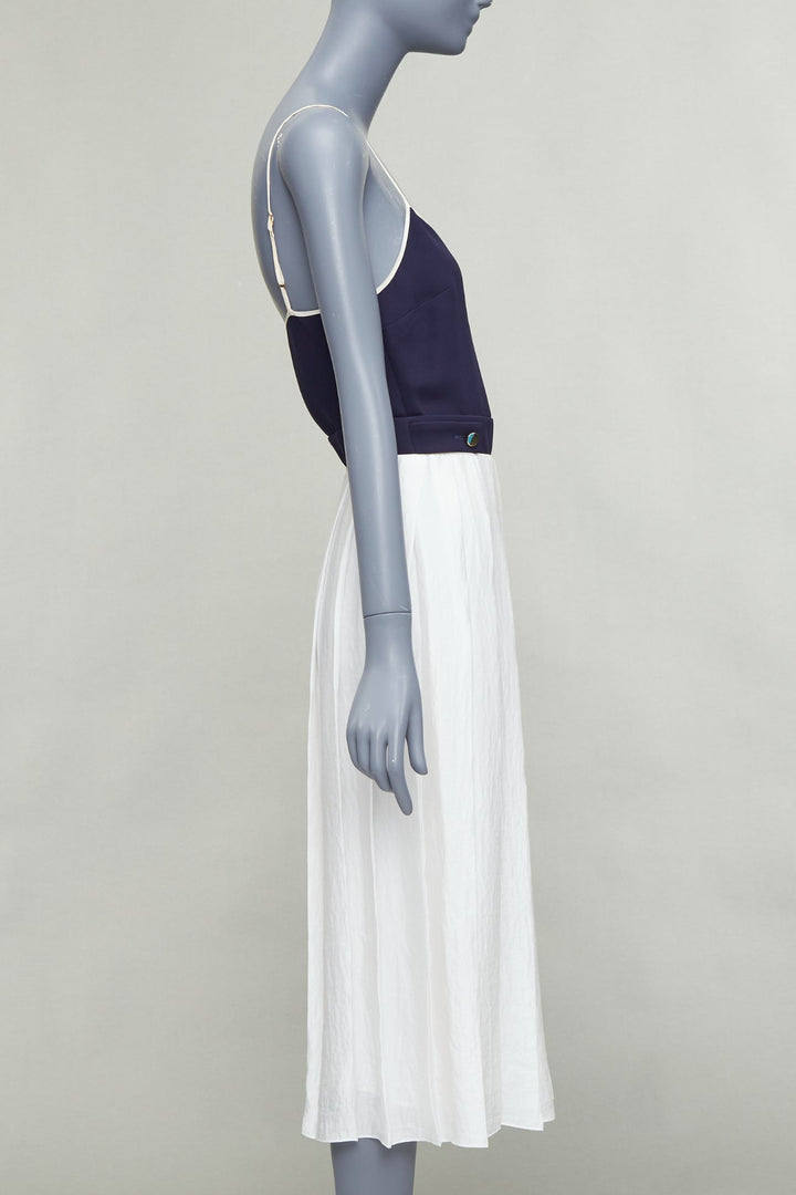 VVB VICTORIA BECKHAM navy white pleated buttoned strappy midi dress