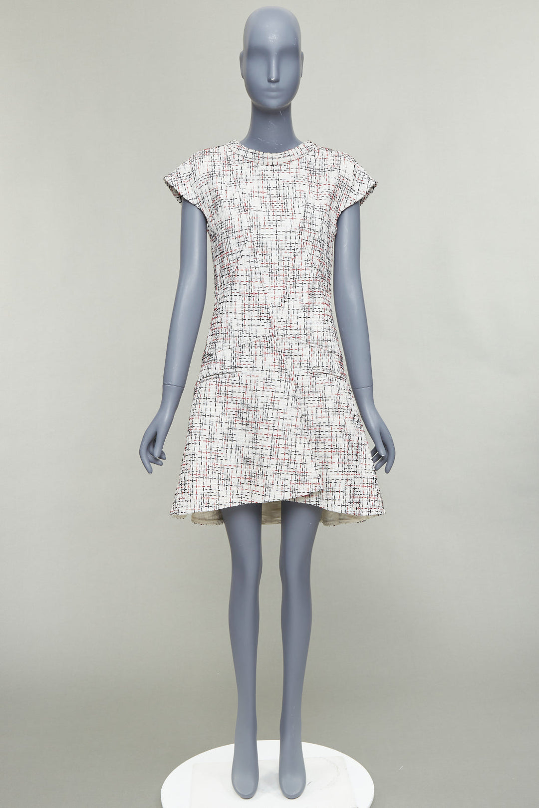 CHANEL 2015 cream red black cotton lattice tweed cap sleeve dress FR34 XS