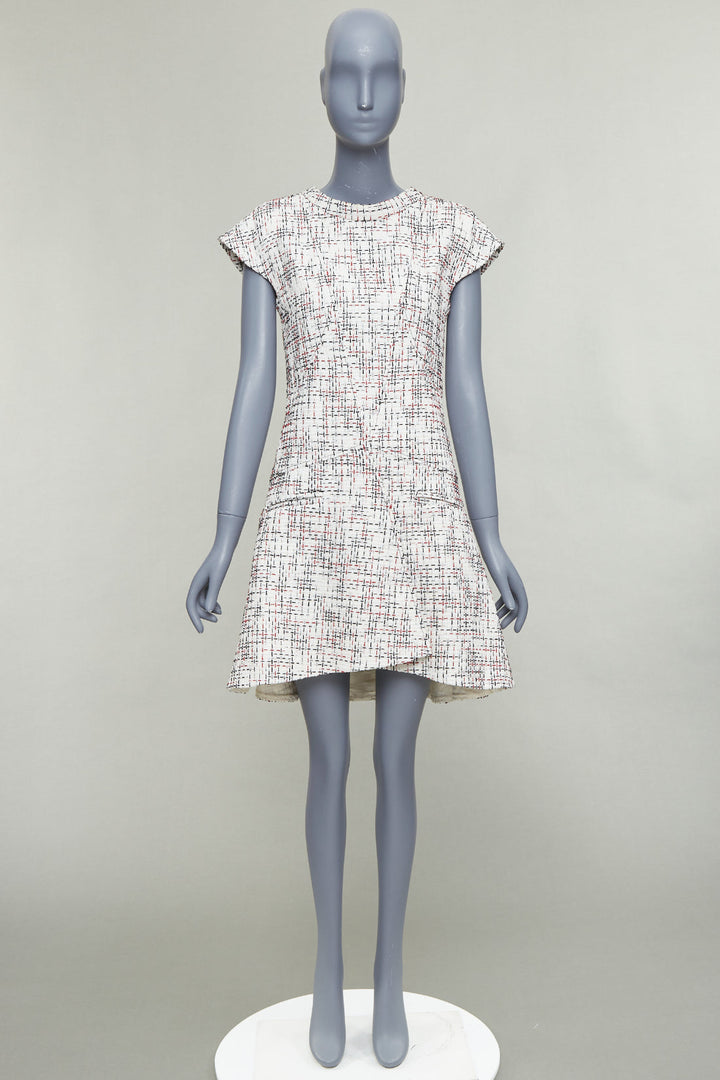 CHANEL 2015 cream red black cotton lattice tweed cap sleeve dress FR34 XS