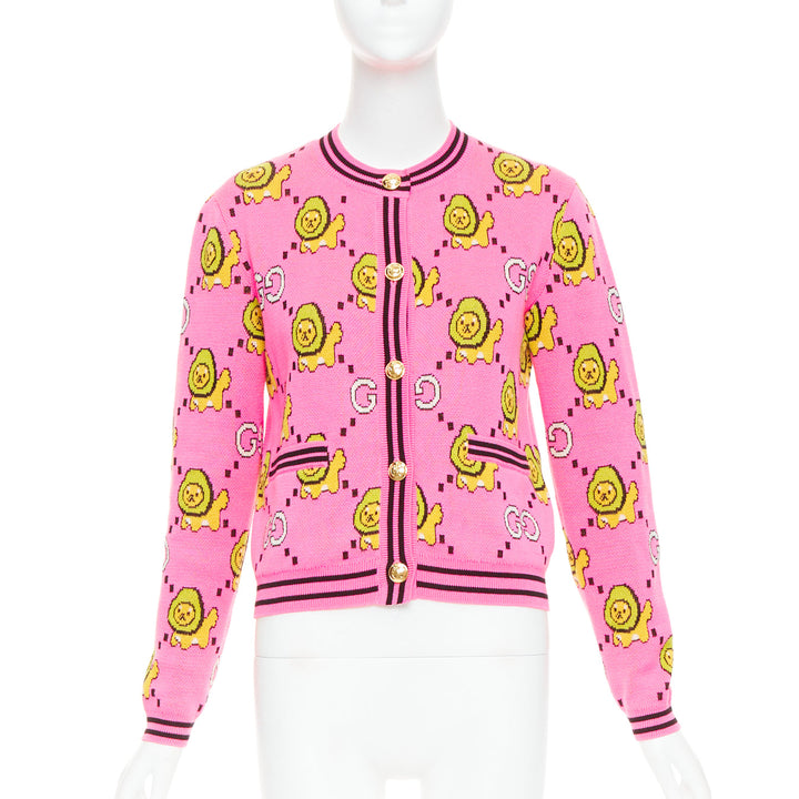 GUCCI PIKARAR pink yellow cotton Kawaii Lion GG monogram cropped cardigan XXS