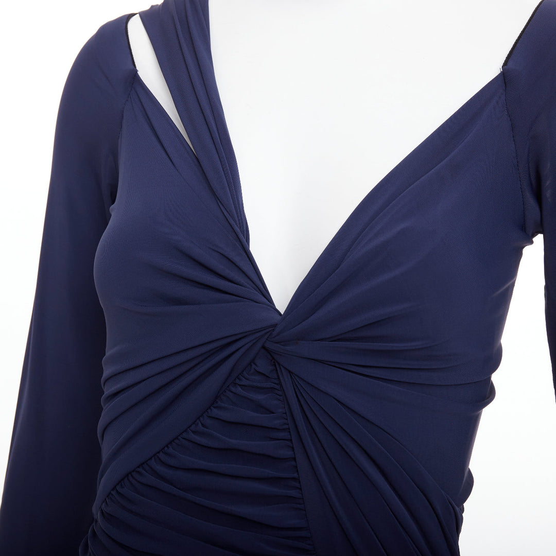 DONNA KARAN navy cold shoulder lunge neck draped grecian gown dress L