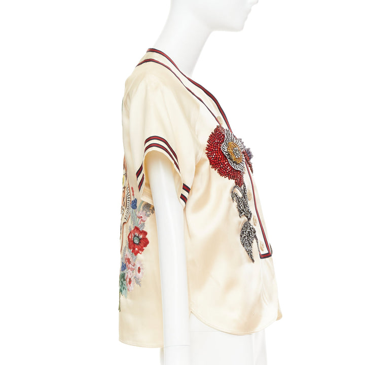 rare GUCCI 2016 Runway Crystal Rhinestone flower Loved baseball shirt IT38 XS