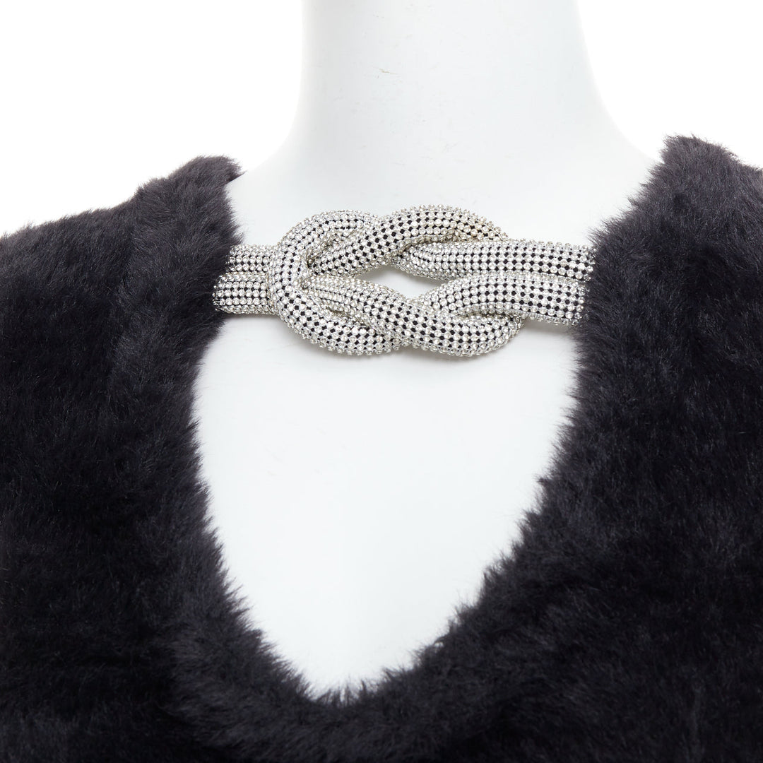 ALEXANDER WANG Crystal Knot black fuzzy V0-neck cropped sweater XS