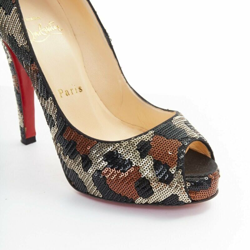 CHRISTIAN LOUBOUTIN Very Prive 120 leopard sequins peep toe platform pump EU35.5