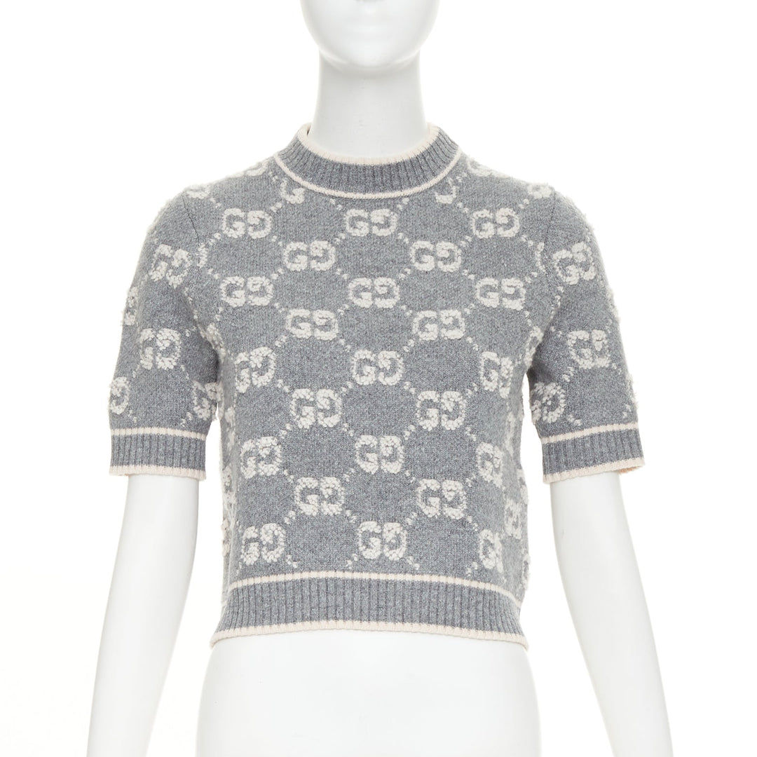 GUCCI grey pale pink wool GG monogram intarsia boucle crop sweater XS