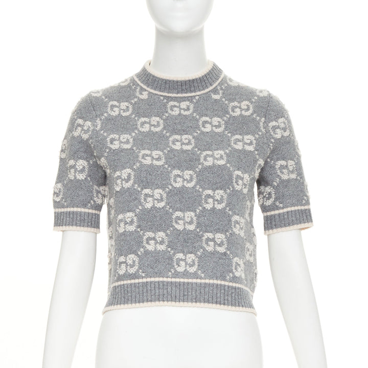 GUCCI grey pale pink wool GG monogram intarsia boucle crop sweater XS