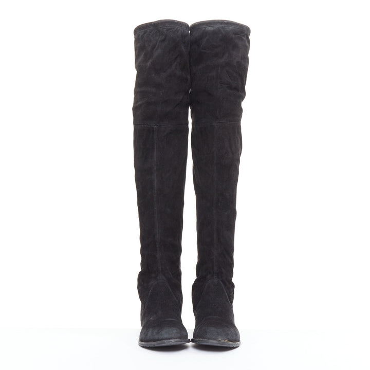 STUART WEITZMAN Lowland black suede drawstring top over knee flat boots EU38