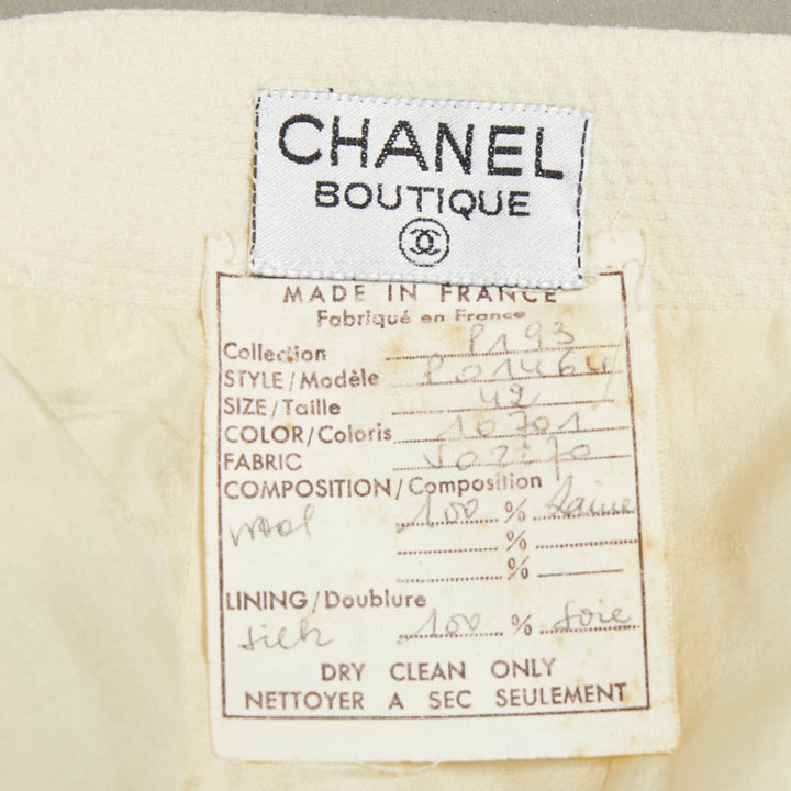 CHANEL 93P ivory wool gold CC logo button slit silk pencil skirt FR42 XL