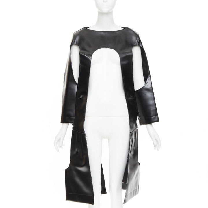 rare COMME DES GARCONS 2019 Runway black faux leather open frame cut out top XS