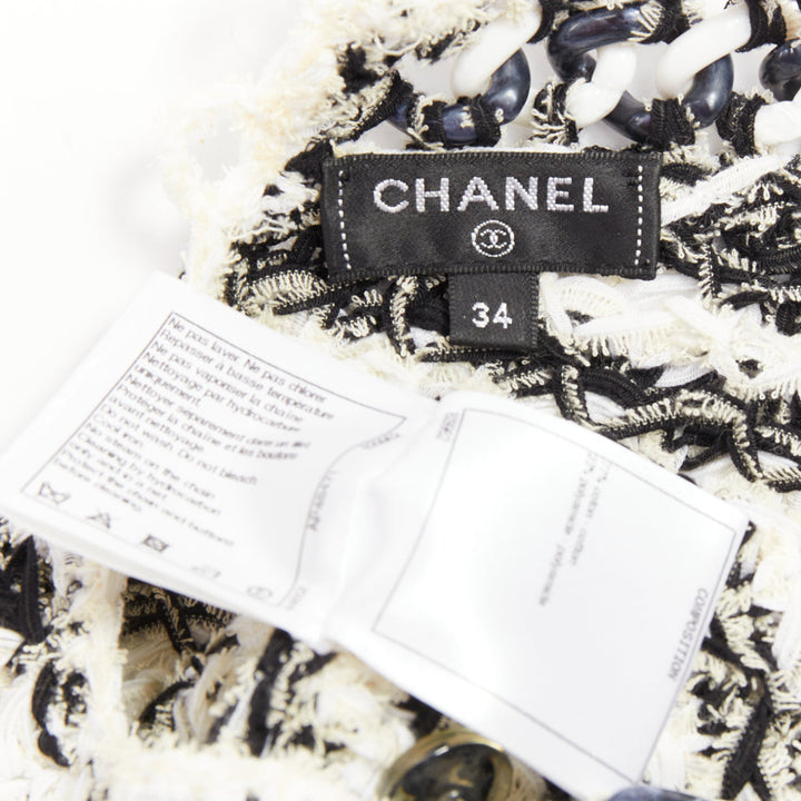 CHANEL 19P black white cotton tweed tweed chunky resin chain trim dress FR34 XS