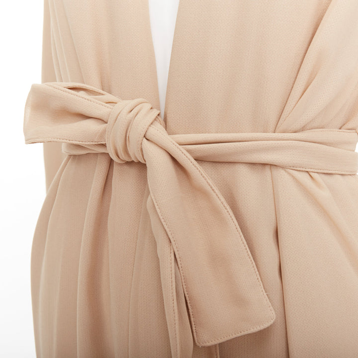 RYAN ROCHE beige double layer silk georgette V neck tie belted coat US4 S