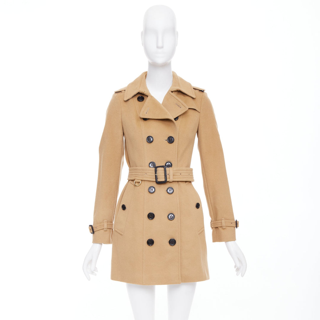 BURBERRY camel wool cashmere black logo buttons classic trench coat UK4 XXS