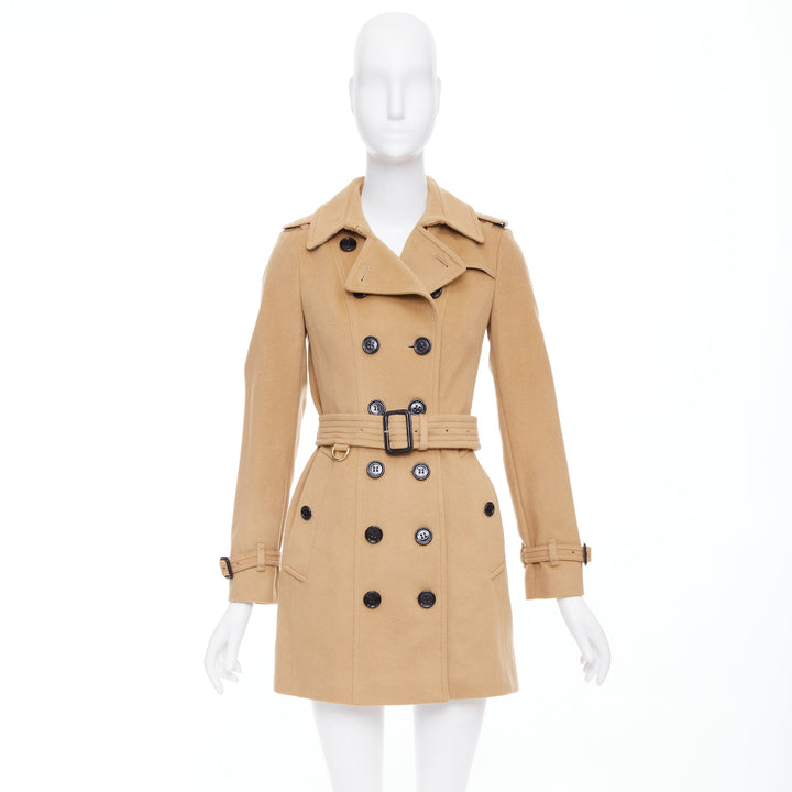 BURBERRY camel wool cashmere black logo buttons classic trench coat UK4 XXS