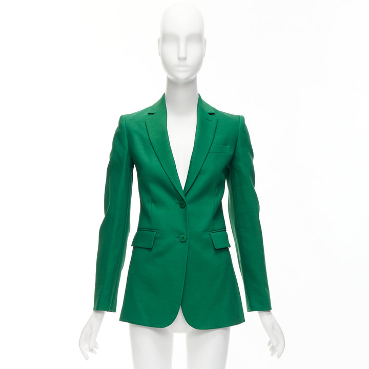 VALENTINO Kelly green wool silk fitted kong sleeve V neck blazer jacket IT36 XXS