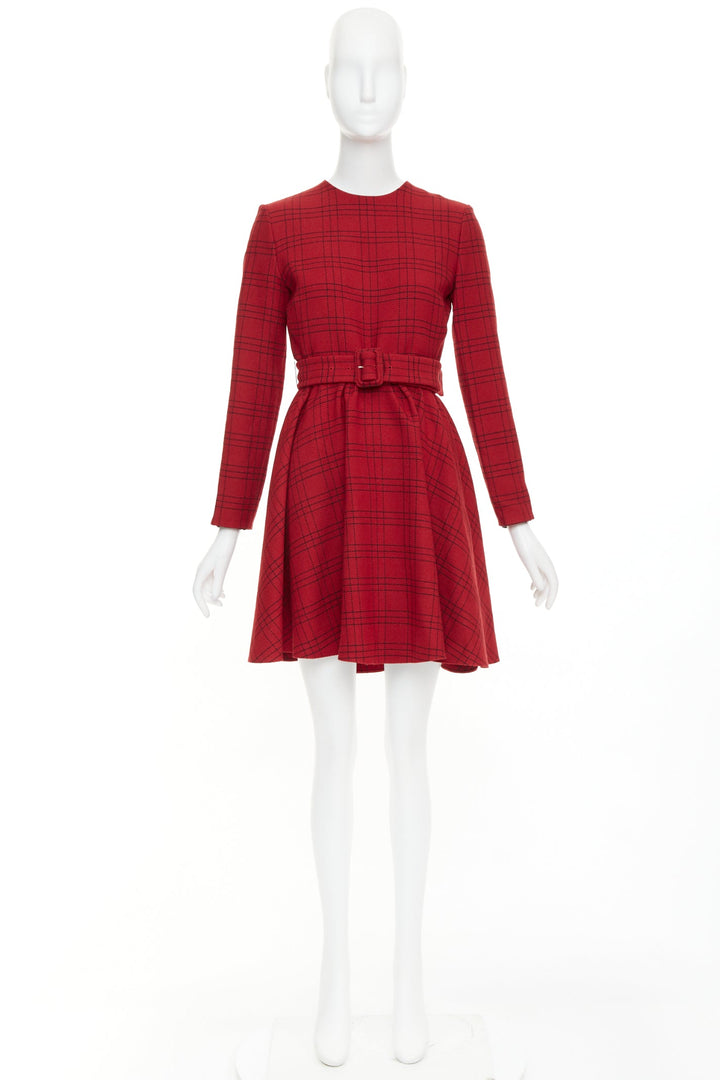 CHRISTIAN DIOR 2018 red plaid check virgin wool belted A-line dress FR36 S