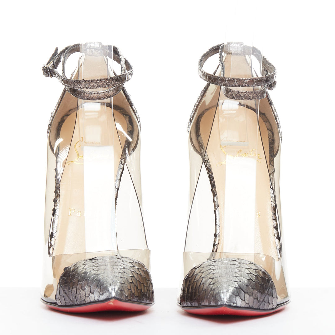 CHRISTIAN LOUBOUTIN Un Bout 120 metallic lame silver watersnake PVC pumps EU37.5