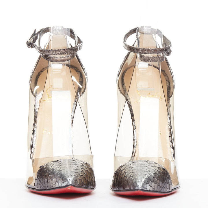 CHRISTIAN LOUBOUTIN Un Bout 120 metallic lame silver watersnake PVC pumps EU37.5